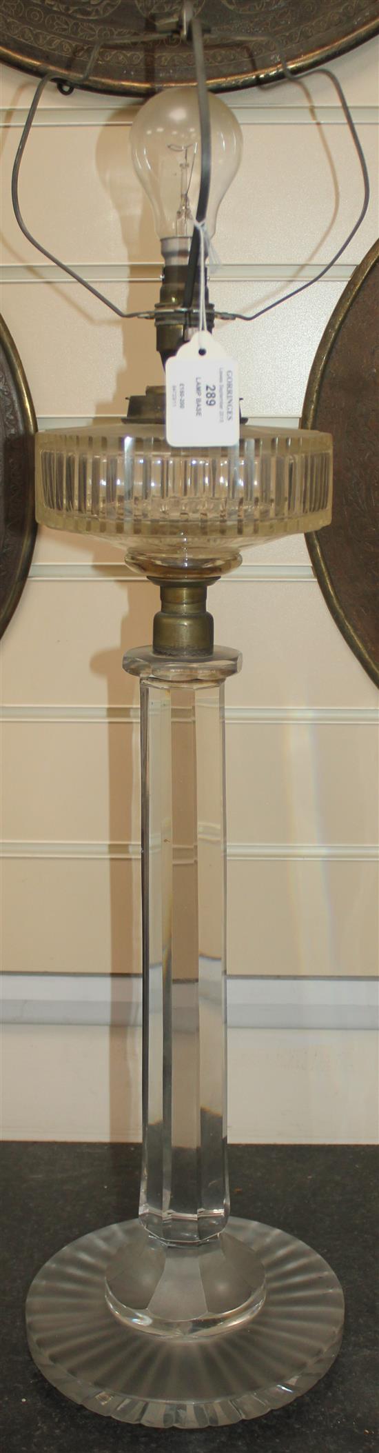 A tall Edwardian cut and frosted glass oil lamp base, 73.5cm to top of fittings